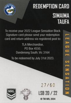 2022 NRL Elite - League Sensations Signatures Black Redemption #LSB20 Simaima Taufa Back